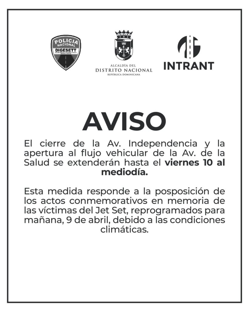 La Alcaldía del Distrito Nacional, el Instituto Nacional de Tránsito y Transporte Terrestre (INTRANT) y la Dirección General de Seguridad de Tránsito y Transporte Terrestre (DIGESETT) extendieron el cierre de un tramo de la avenida Independencia y la apertura al tránsito vehicular de la avenida de la Salud hasta el próximo viernes al mediodía.